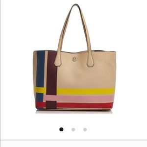 Tory Burch Leather Shopper Tote Large in Perry Stripe rainbow multi-color $489